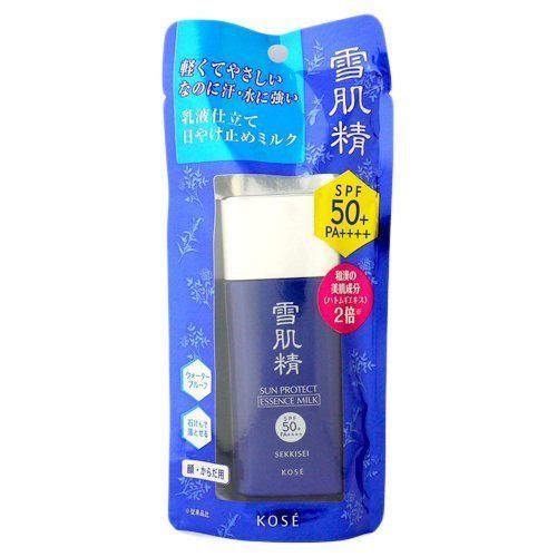 Kem Chống Nắng Kose Sekkisei Sun Protect Essence Dạng sữa màu trắng, lỏng, thấm nhanh mà không để lại vệt trắng trên da
